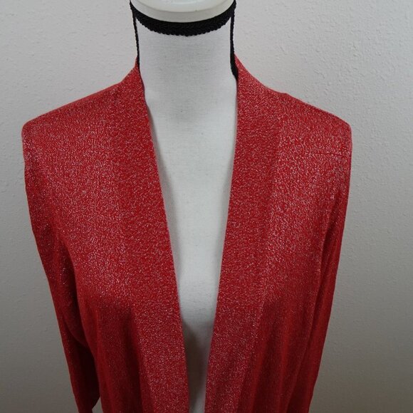 Ruby Rd Cardigan Sweater Women's Plus Size 1X Red Silver Sparkle Long Kimono - Picture 3 of 9
